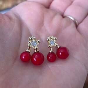 Pretty Bird Gold Earrings with Cherry Red Beads